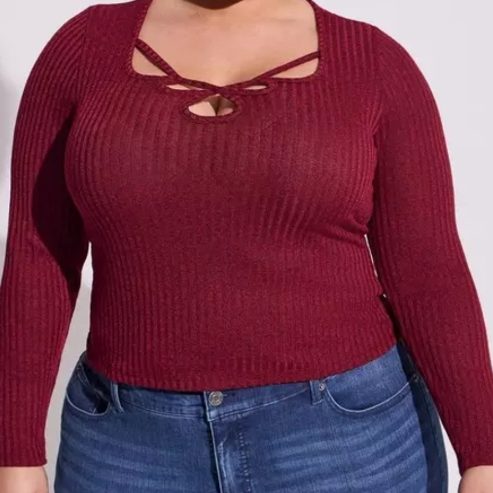 NEW Torrid Merlot  Ribbed Cutout  Long Sleeve Top Size 2x